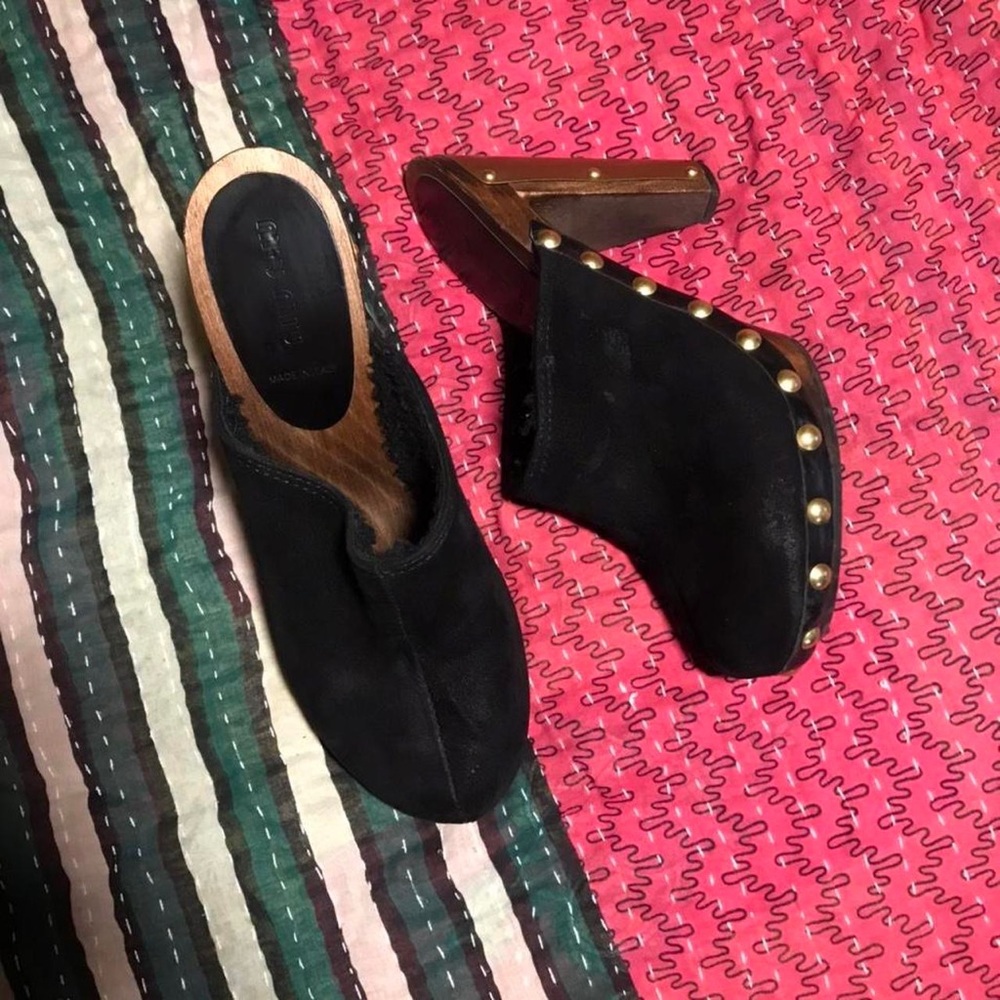 Miu Miu Suede Wood Gold Clogs, Size 38 (7.5-8 US), Approx 4 inch heel